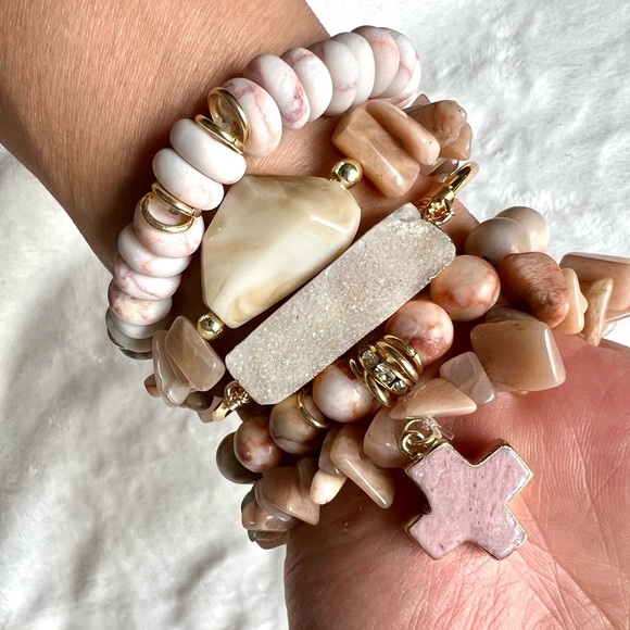 Pink Zebra Druzy Cross 5 Mala Bracelet Stack Set - Picture 3 of 6